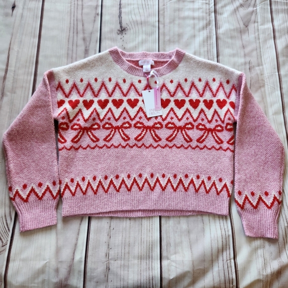 NWT Paris Hilton Pullover Crewneck Sweater Pink Hearts Bows | Women's Size L - Picture 4 of 9